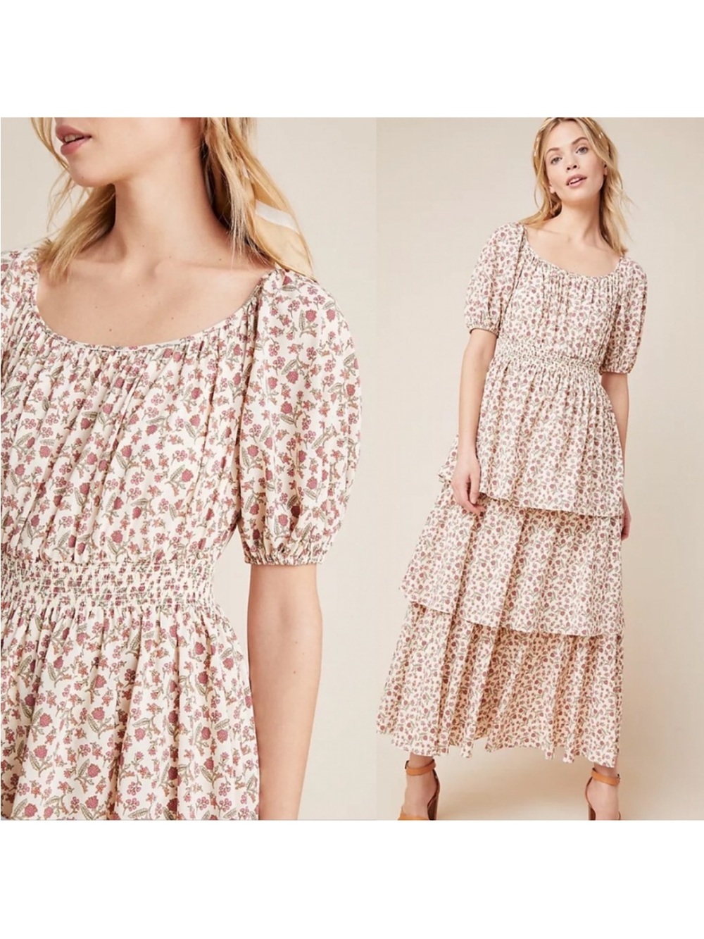 Anthro Gal Meets Glam Luciana Floral Cottagecore Ivory/ Rose Maxi Dress 4P NWT